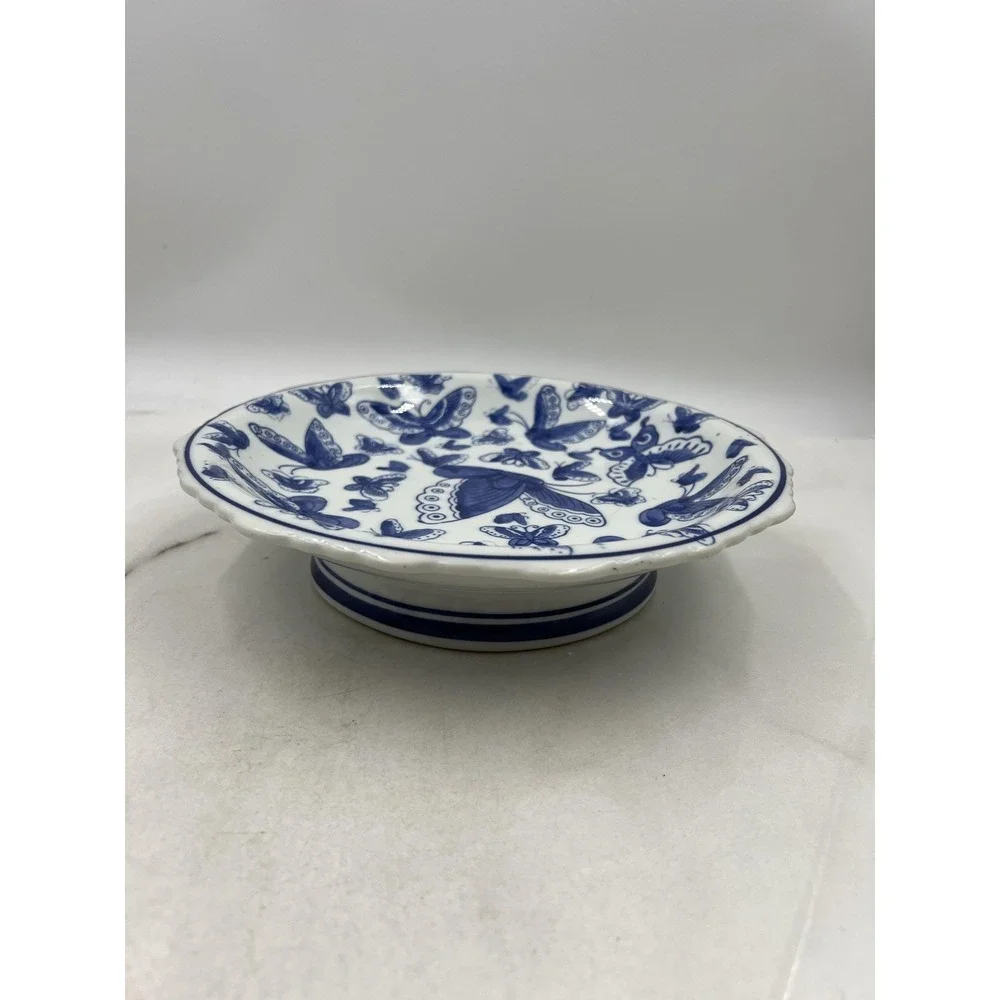Vintage Pedestal Dish Scalloped Bowl Blue and White Butterfly Porcelain 9.5